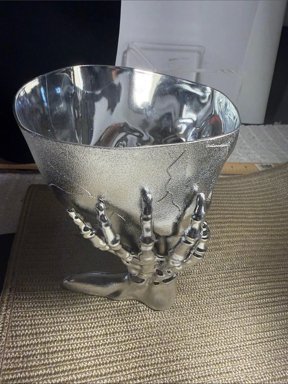 NWOT Silver Skull Skeleton Hands Decorative Bowl Gothic Halloween Candy Dish